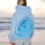 "Everything Comes in Waves" Hoodie, adjustable drawstring hood and pocket, in Blue - coastal preppy aesthetic beach style by Pink Palm Puff