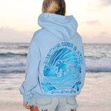 "Everything Comes in Waves" Hoodie, adjustable drawstring hood and pocket, in Blue - coastal preppy aesthetic beach style by Pink Palm Puff
