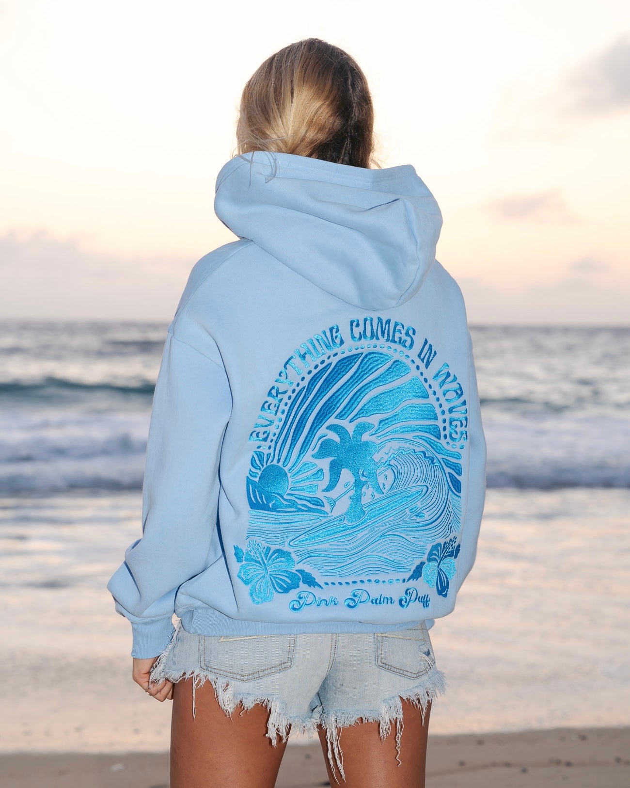 "Everything Comes in Waves" Hoodie, adjustable drawstring hood and pocket, in Blue - coastal preppy aesthetic beach style by Pink Palm Puff