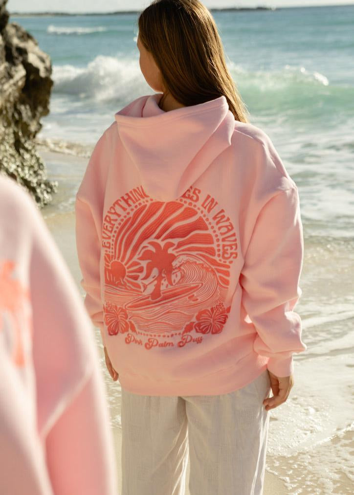 "Everything Comes in Waves" Hoodie in Pink by Pink Palm Puff