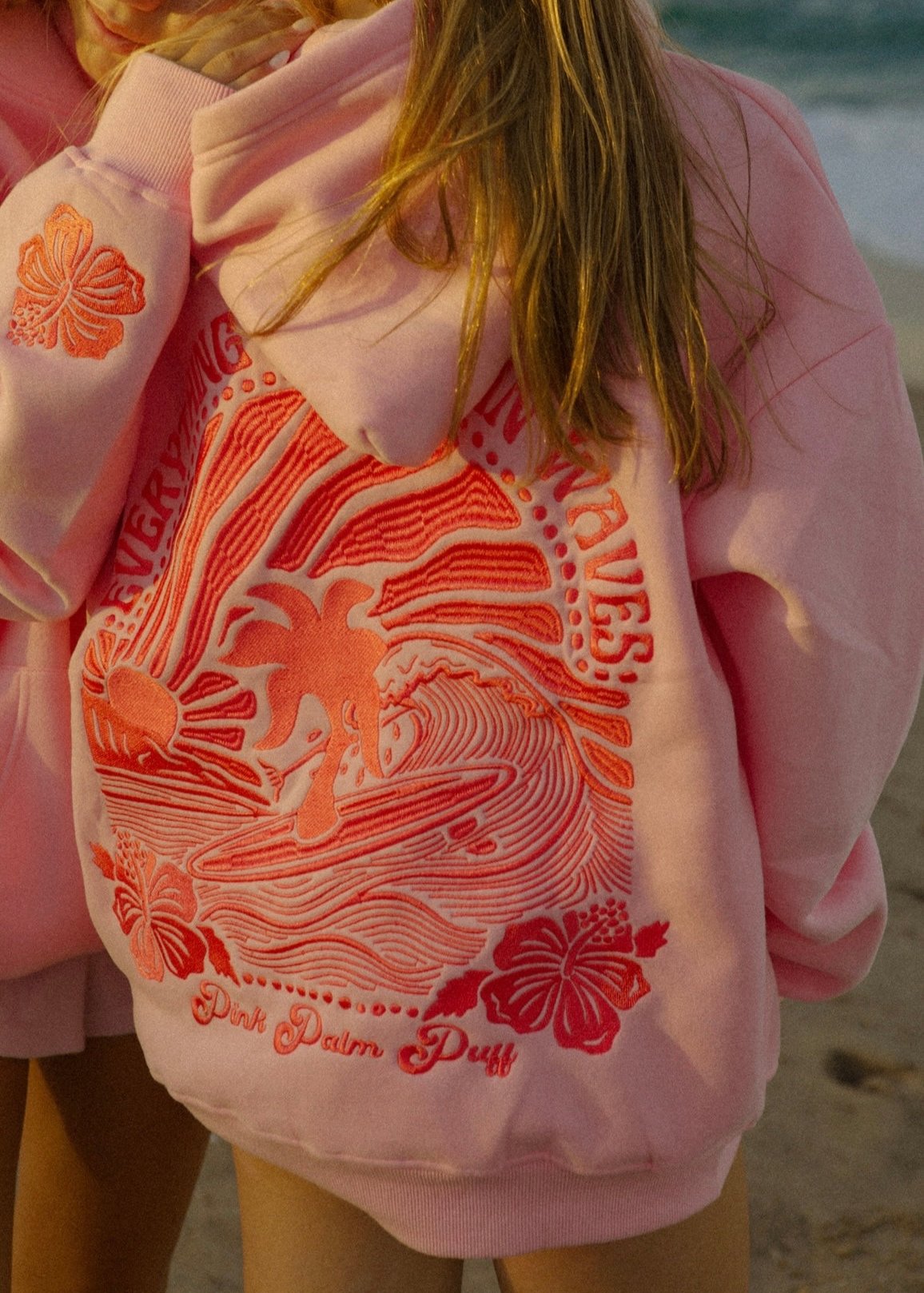 "Everything Comes in Waves" Hoodie in Pink by Pink Palm Puff