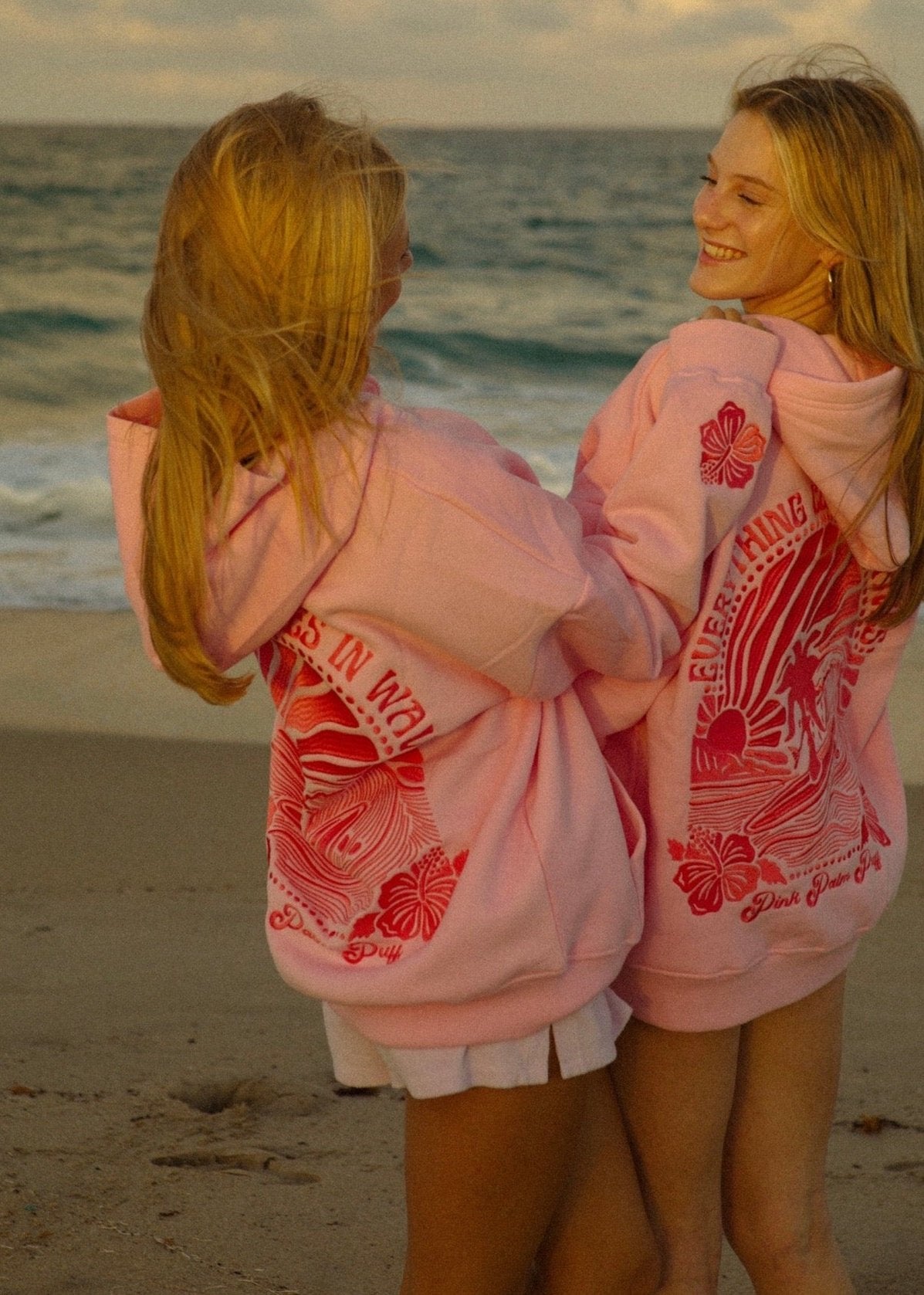 "Everything Comes in Waves" Hoodie in Pink by Pink Palm Puff