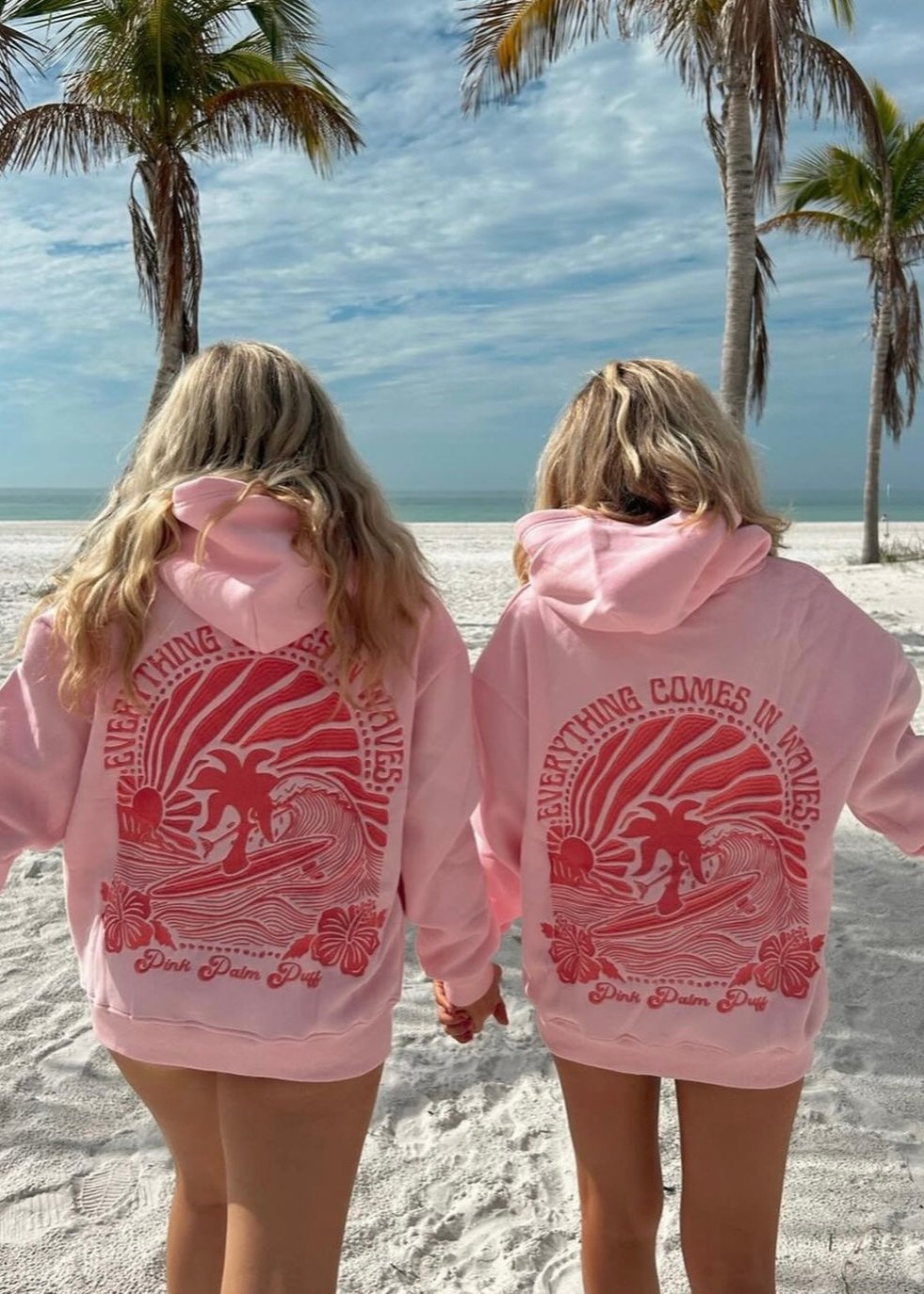 "Everything Comes in Waves" Hoodie, adjustable drawstring hood and pocket, in Pink - coastal preppy aesthetic beach style by Pink Palm Puff