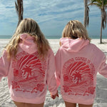 "Everything Comes in Waves" Hoodie, adjustable drawstring hood and pocket, in Pink - coastal preppy aesthetic beach style by Pink Palm Puff