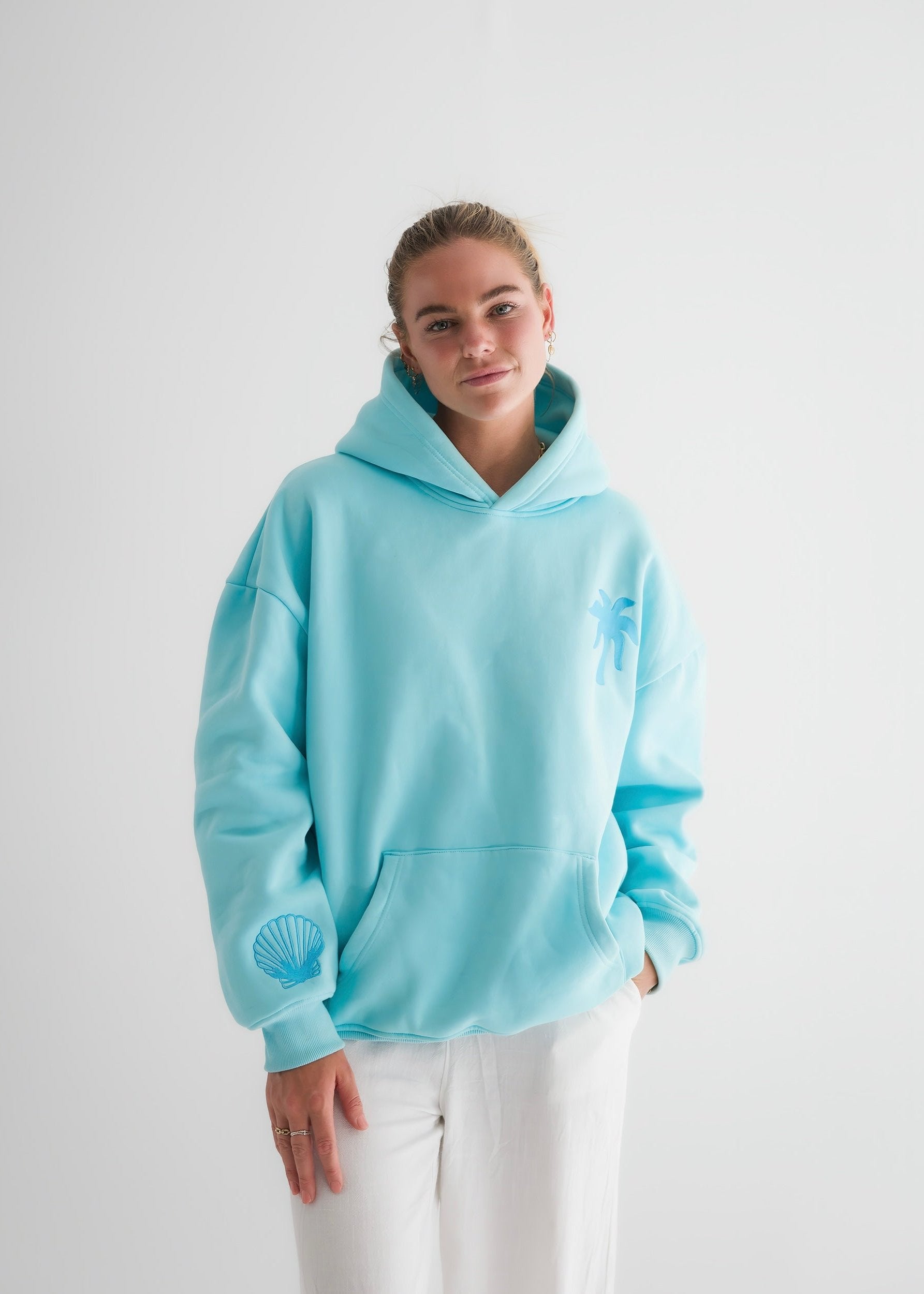 "Hawaii Hibiscus" Hoodie, adjustable drawstring hood and pocket, in Aquamarine - coastal preppy aesthetic beach style by Pink Palm Puff