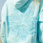 "Hawaii Hibiscus" Hoodie, adjustable drawstring hood and pocket, in Aquamarine - coastal preppy aesthetic beach style by Pink Palm Puff