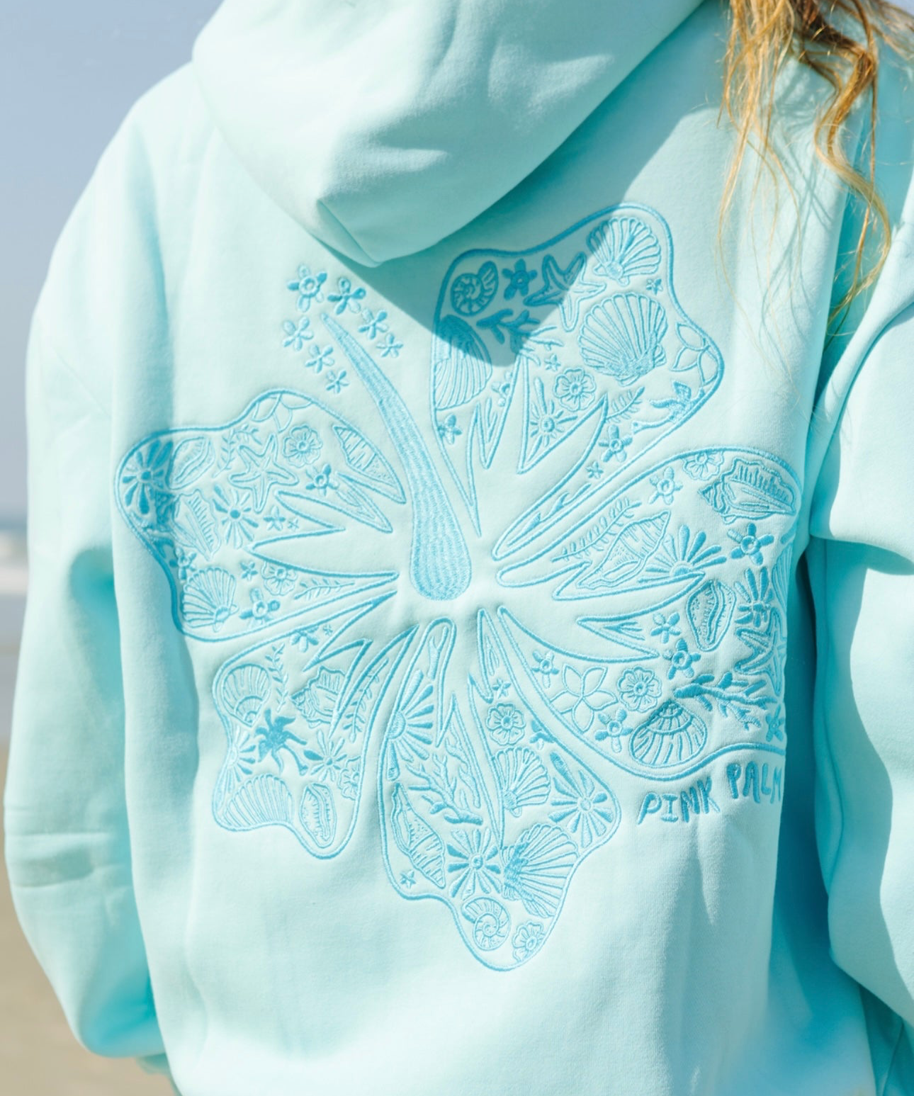 "Hawaii Hibiscus" Hoodie, adjustable drawstring hood and pocket, in Aquamarine - coastal preppy aesthetic beach style by Pink Palm Puff