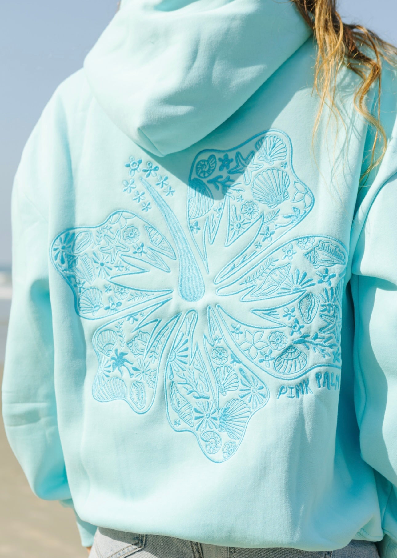 "Hawaii Hibiscus" Hoodie, adjustable drawstring hood and pocket, in Aquamarine - coastal preppy aesthetic beach style by Pink Palm Puff