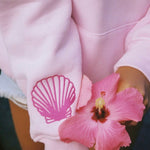 "Hawaii Hibiscus" Hoodie, adjustable drawstring hood and pocket, in Blush - coastal preppy aesthetic beach style by Pink Palm Puff
