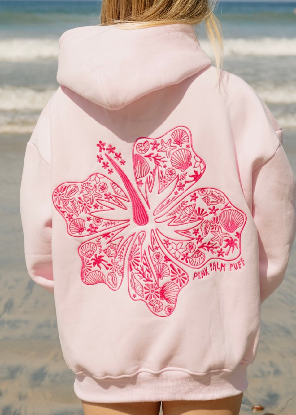 "Hawaii Hibiscus" Hoodie, adjustable drawstring hood and pocket, in Blush - coastal preppy aesthetic beach style by Pink Palm Puff