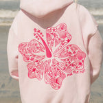 "Hawaii Hibiscus" Hoodie, adjustable drawstring hood and pocket, in Blush - coastal preppy aesthetic beach style by Pink Palm Puff