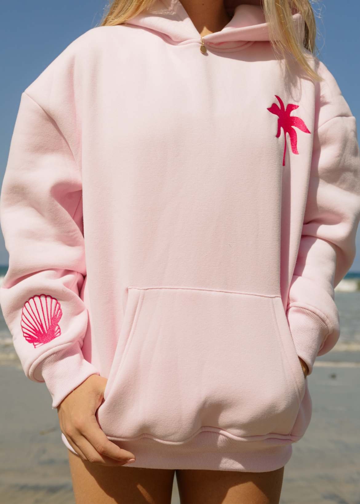 "Hawaii Hibiscus" Hoodie, adjustable drawstring hood and pocket, in Blush - coastal preppy aesthetic beach style by Pink Palm Puff