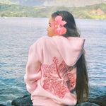"Hawaii Hibiscus" Hoodie, adjustable drawstring hood and pocket, in Blush - coastal preppy aesthetic beach style by Pink Palm Puff