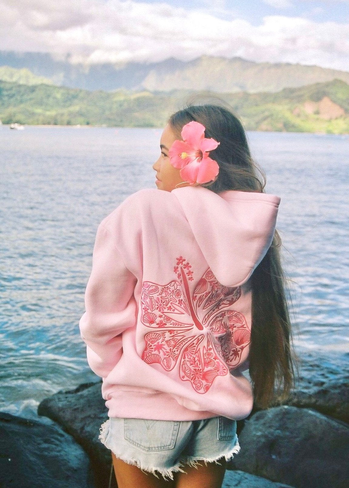 "Hawaii Hibiscus" Hoodie, adjustable drawstring hood and pocket, in Blush - coastal preppy aesthetic beach style by Pink Palm Puff