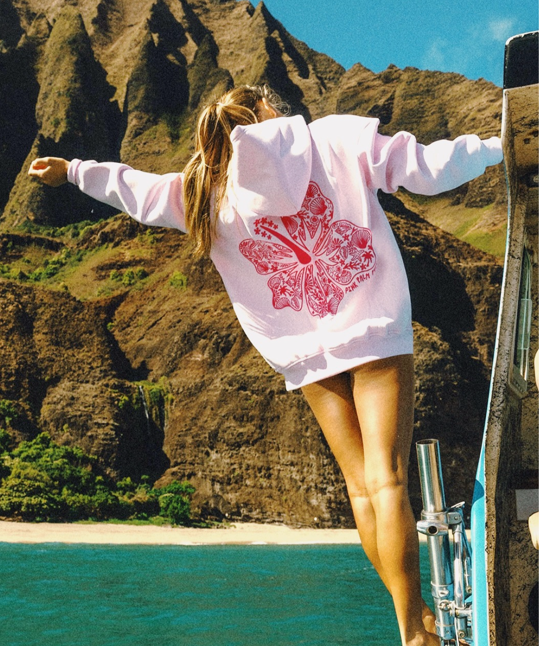 "Hawaii Hibiscus" Hoodie, adjustable drawstring hood and pocket, in Blush - coastal preppy aesthetic beach style by Pink Palm Puff