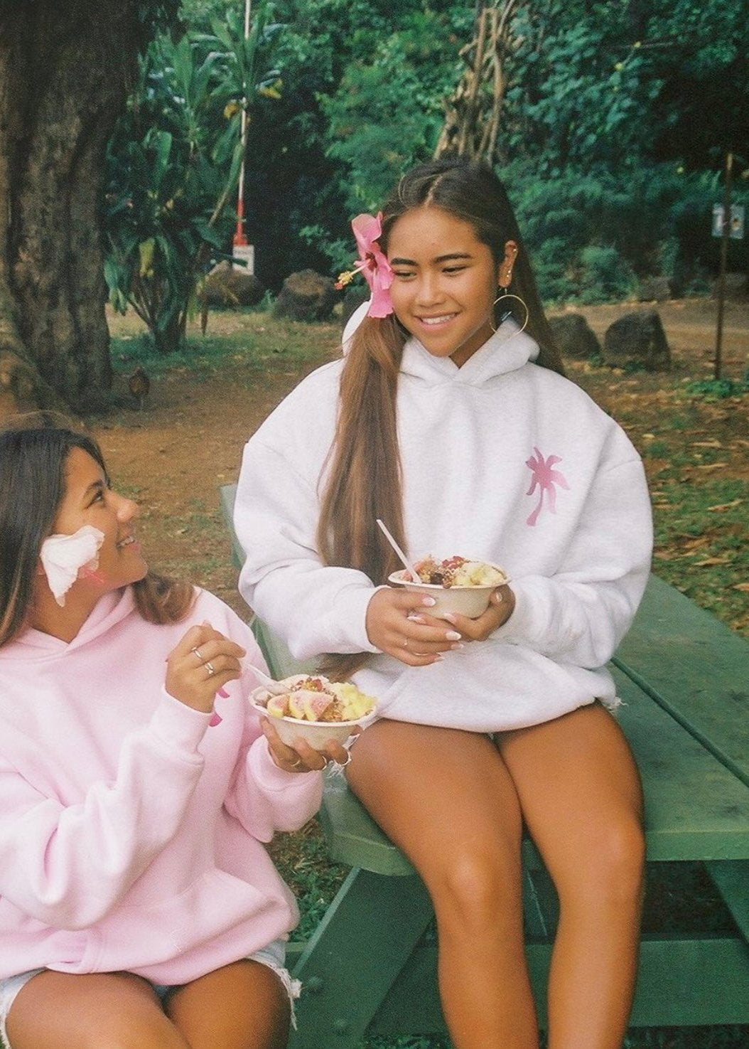 "Hawaii Hibiscus" Hoodie, adjustable drawstring hood and pocket, in Heather Cloud - coastal preppy aesthetic beach style by Pink Palm Puff