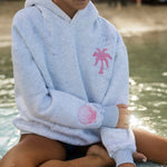 "Hawaii Hibiscus" Hoodie, adjustable drawstring hood and pocket, in Heather Cloud - coastal preppy aesthetic beach style by Pink Palm Puff