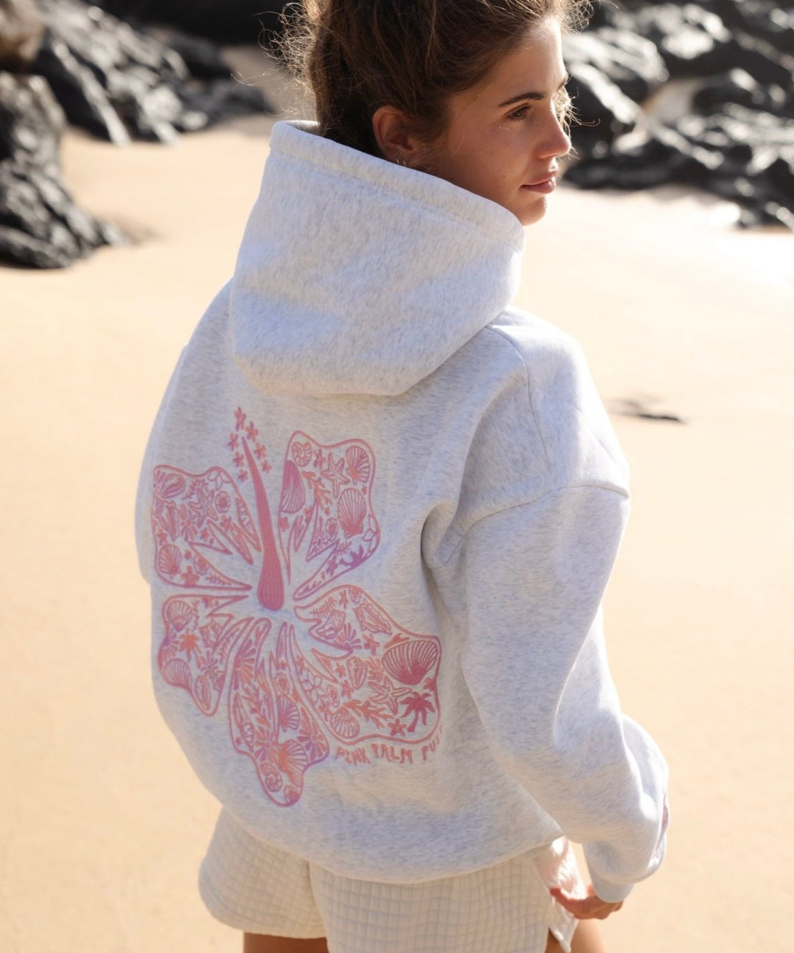"Hawaii Hibiscus" Hoodie, adjustable drawstring hood and pocket, in Heather Cloud - coastal preppy aesthetic beach style by Pink Palm Puff