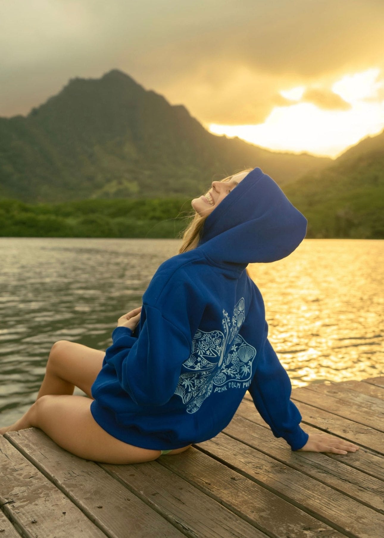 "Hawaii Hibiscus" Hoodie, adjustable drawstring hood and pocket, in Oceanic - coastal preppy aesthetic beach style by Pink Palm Puff