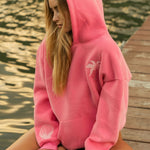 "Hawaii Hibiscus" Hoodie, adjustable drawstring hood and pocket, in Sonic Pink - coastal preppy aesthetic beach style by Pink Palm Puff