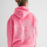 "Hawaii Hibiscus" Hoodie, adjustable drawstring hood and pocket, in Sonic Pink - coastal preppy aesthetic beach style by Pink Palm Puff