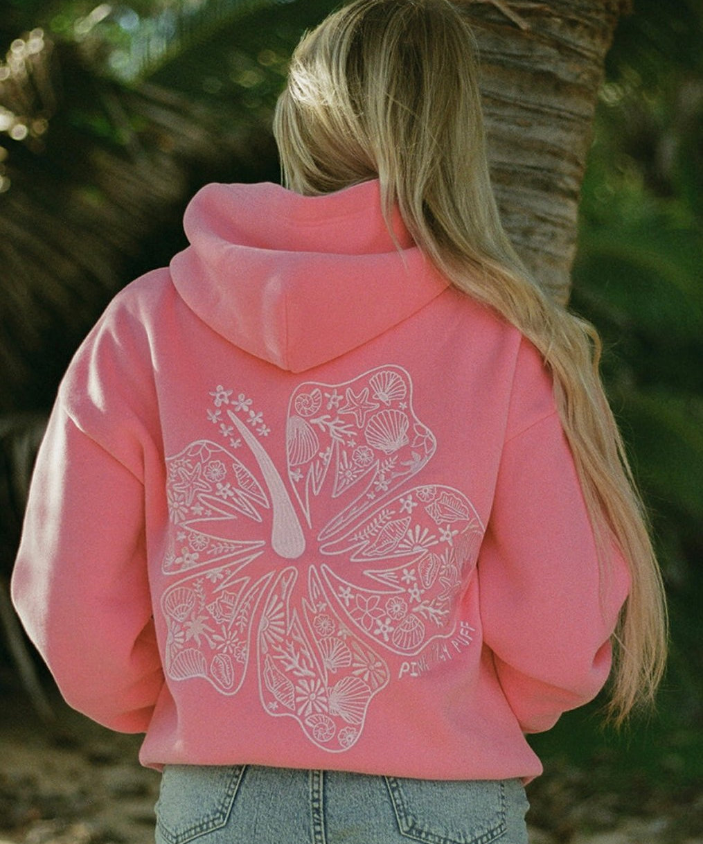 "Hawaii Hibiscus" Hoodie, adjustable drawstring hood and pocket, in Sonic Pink - coastal preppy aesthetic beach style by Pink Palm Puff