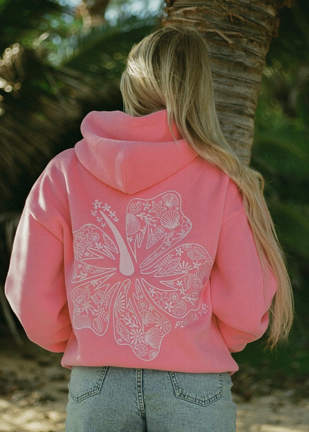 "Hawaii Hibiscus" Hoodie, adjustable drawstring hood and pocket, in Sonic Pink - coastal preppy aesthetic beach style by Pink Palm Puff