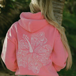 "Hawaii Hibiscus" Hoodie, adjustable drawstring hood and pocket, in Sonic Pink - coastal preppy aesthetic beach style by Pink Palm Puff