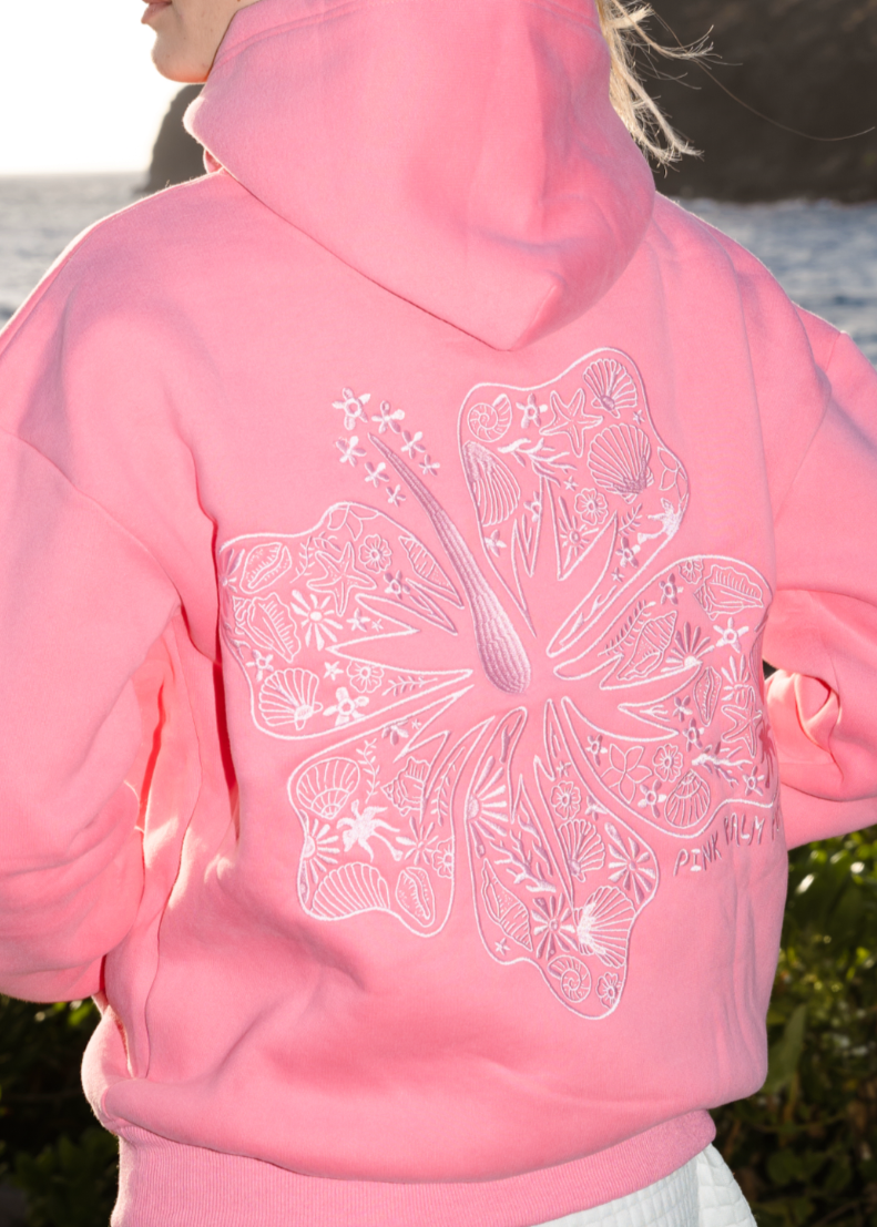 "Hawaii Hibiscus" Hoodie, adjustable drawstring hood and pocket, in Sonic Pink - coastal preppy aesthetic beach style by Pink Palm Puff