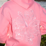 "Hawaii Hibiscus" Hoodie, adjustable drawstring hood and pocket, in Sonic Pink - coastal preppy aesthetic beach style by Pink Palm Puff