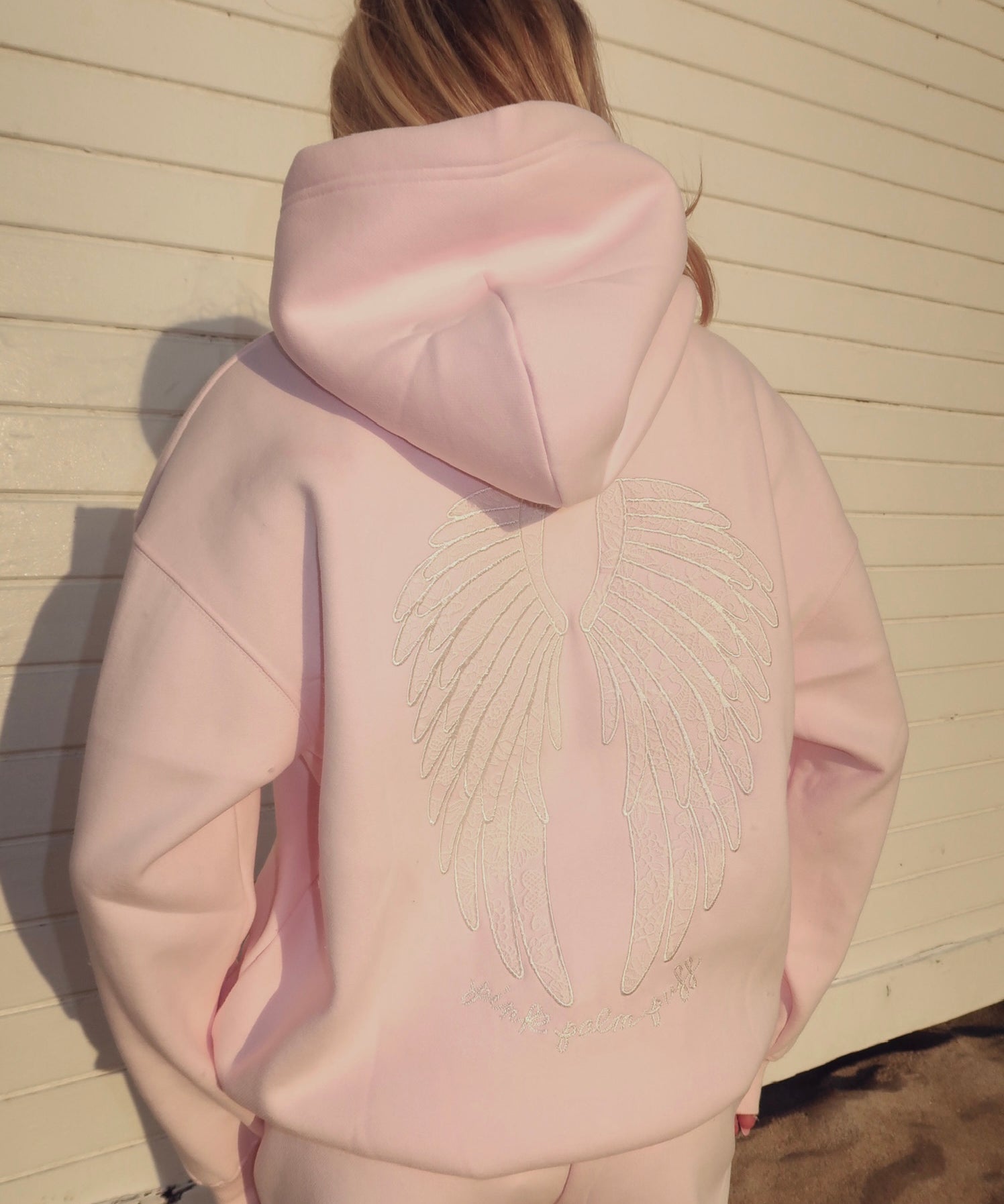 "Lacy" Hoodie, adjustable drawstring hood and pocket, in Angel Pink - coastal preppy aesthetic beach style by Pink Palm Puff