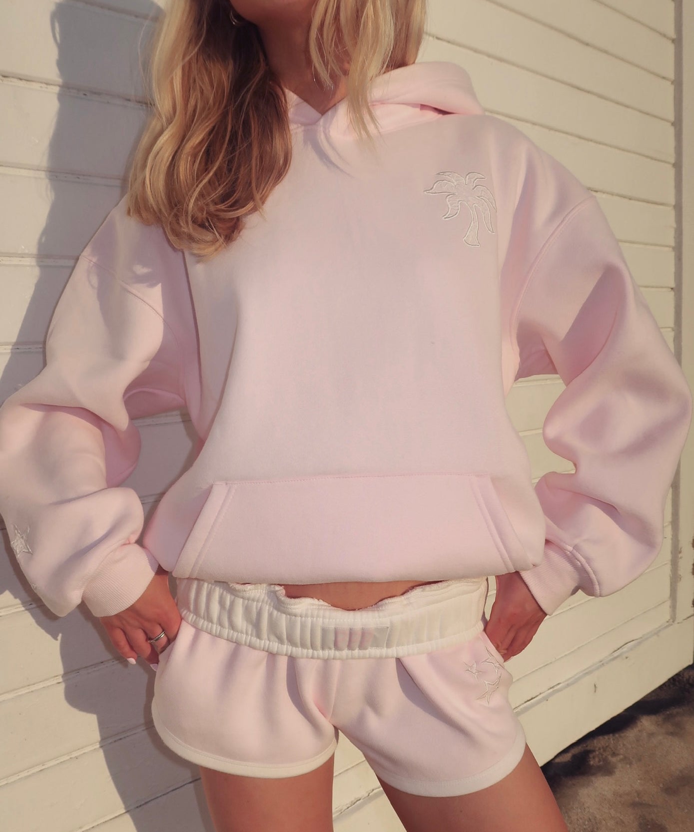 "Lacy" Hoodie, adjustable drawstring hood and pocket, in Angel Pink - coastal preppy aesthetic beach style by Pink Palm Puff