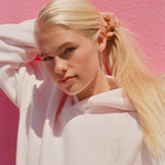 "Lacy" Hoodie, adjustable drawstring hood and pocket, in Angel Pink - coastal preppy aesthetic beach style by Pink Palm Puff