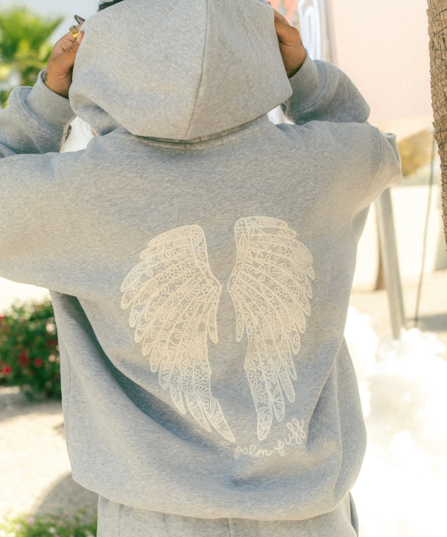 "Lacy" Hoodie, adjustable drawstring hood and pocket, in Sky Grey - coastal preppy aesthetic beach style by Pink Palm Puff