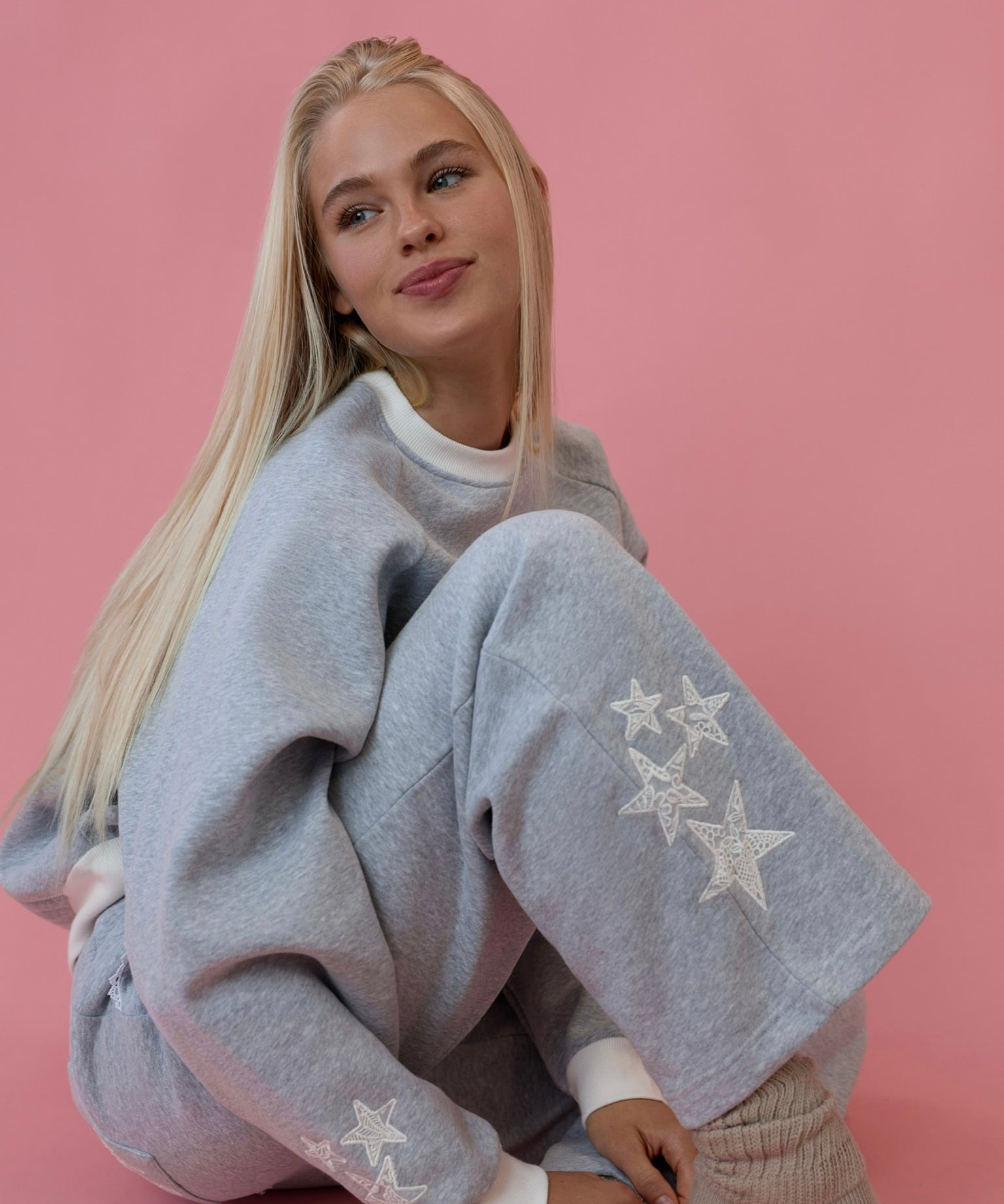 "Lacy" Wideleg Sweatpants, relaxed wide-leg fit with an elastic waistband, in Sky Grey - coastal preppy aesthetic beach style by Pink Palm Puff