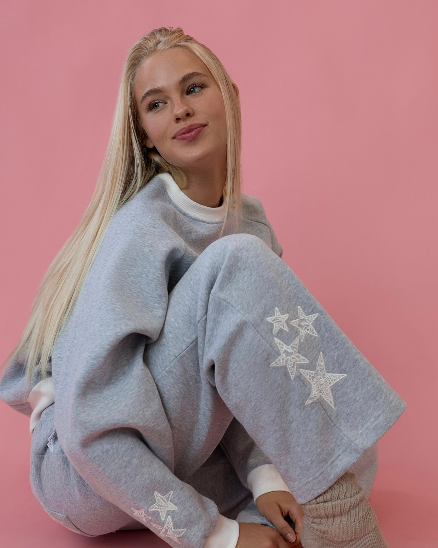 "Lacy" Wideleg Sweatpants, relaxed wide-leg fit with an elastic waistband, in Sky Grey - coastal preppy aesthetic beach style by Pink Palm Puff