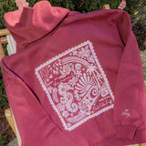 "Live in the Moment" Hoodie, adjustable drawstring hood and pocket, in Cherry - coastal preppy aesthetic beach style by Pink Palm Puff