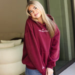"Live in the Moment" Hoodie, adjustable drawstring hood and pocket, in Cherry - coastal preppy aesthetic beach style by Pink Palm Puff