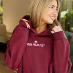 "Live in the Moment" Hoodie, adjustable drawstring hood and pocket, in Cherry - coastal preppy aesthetic beach style by Pink Palm Puff