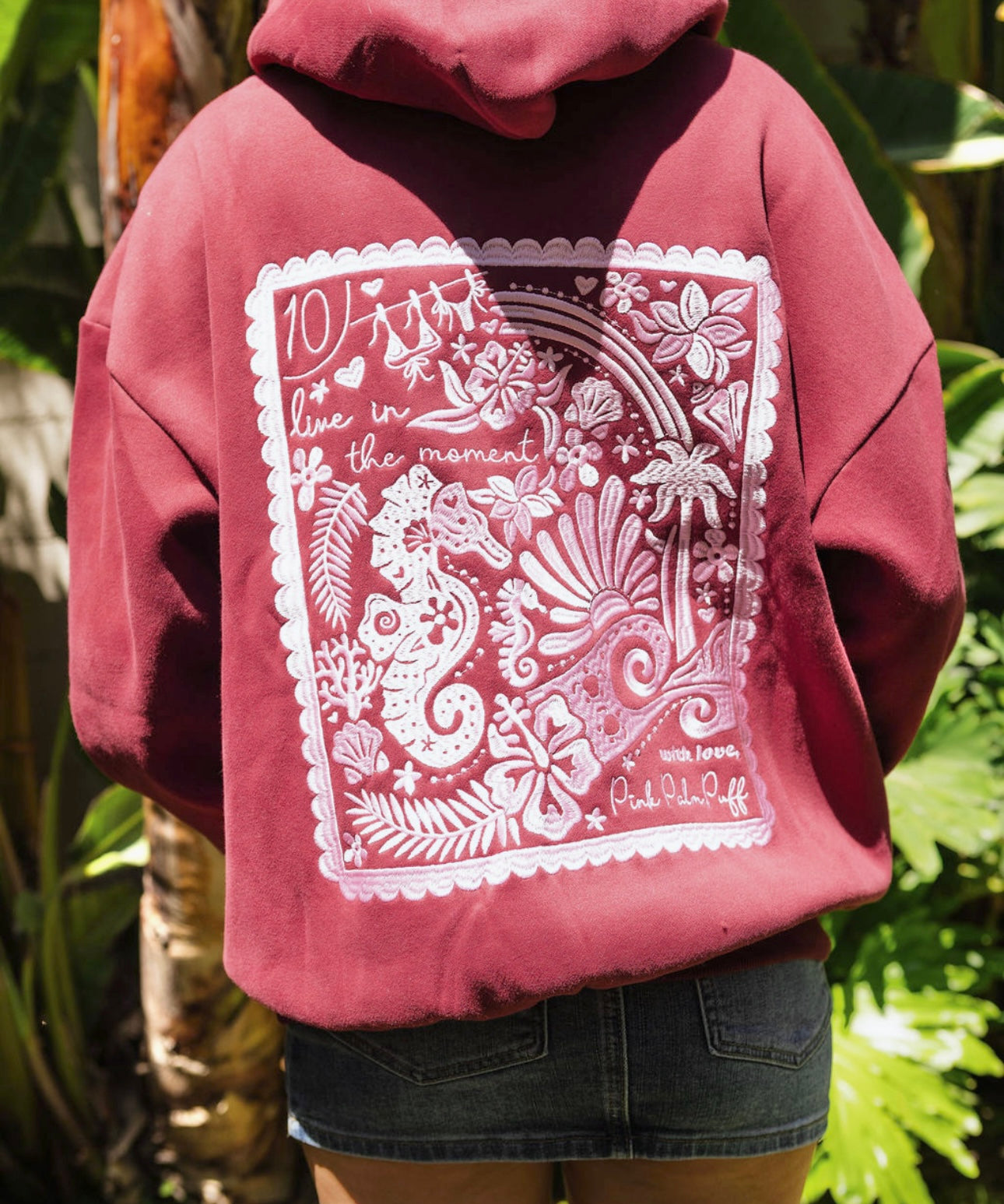 "Live in the Moment" Hoodie, adjustable drawstring hood and pocket, in Cherry - coastal preppy aesthetic beach style by Pink Palm Puff