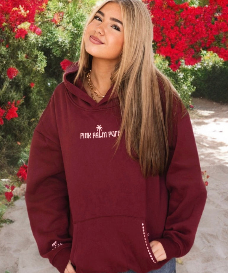 "Live in the Moment" Hoodie, adjustable drawstring hood and pocket, in Cherry - coastal preppy aesthetic beach style by Pink Palm Puff