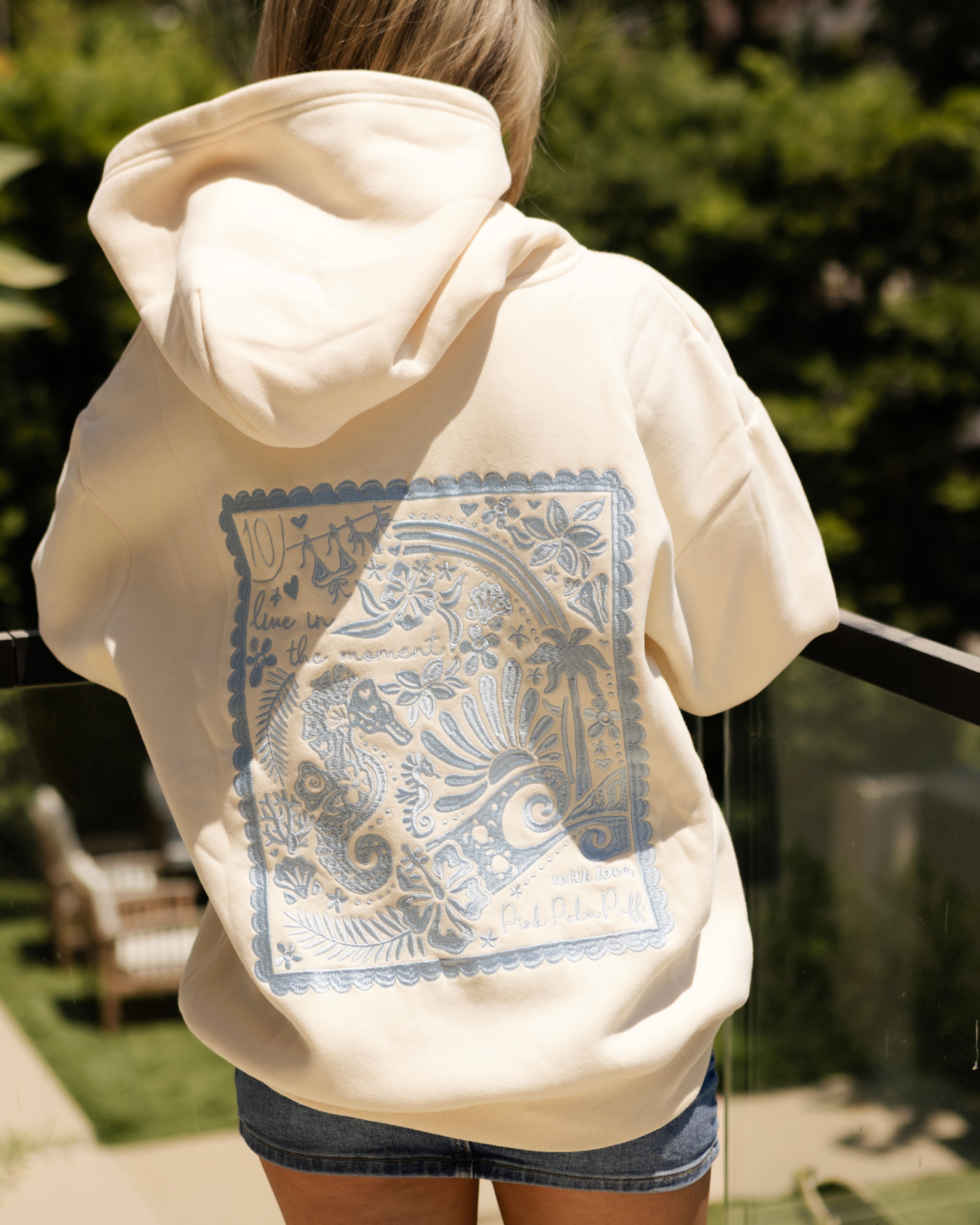 "Live in the Moment" Hoodie, adjustable drawstring hood and pocket, in Sand - coastal preppy aesthetic beach style by Pink Palm Puff