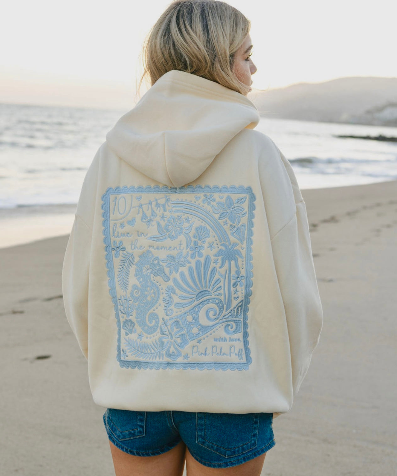 "Live in the Moment" Hoodie, adjustable drawstring hood and pocket, in Sand - coastal preppy aesthetic beach style by Pink Palm Puff