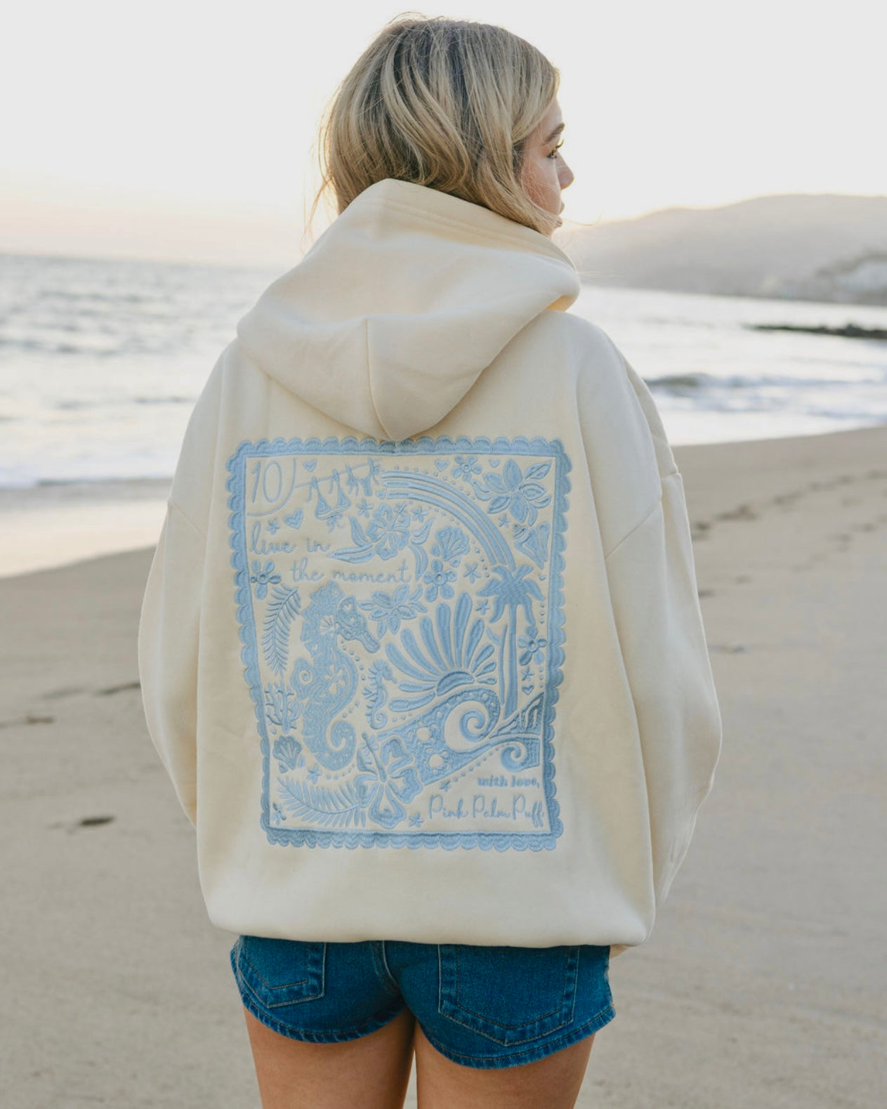"Live in the Moment" Hoodie, adjustable drawstring hood and pocket, in Sand - coastal preppy aesthetic beach style by Pink Palm Puff