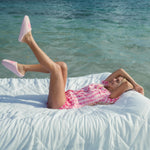 Malibu Slippers, cozy fleece lining, in Blush Bay - coastal preppy aesthetic beach style by Pink Palm Puff