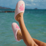 Malibu Slippers, cozy fleece lining, in Blush Bay - coastal preppy aesthetic beach style by Pink Palm Puff