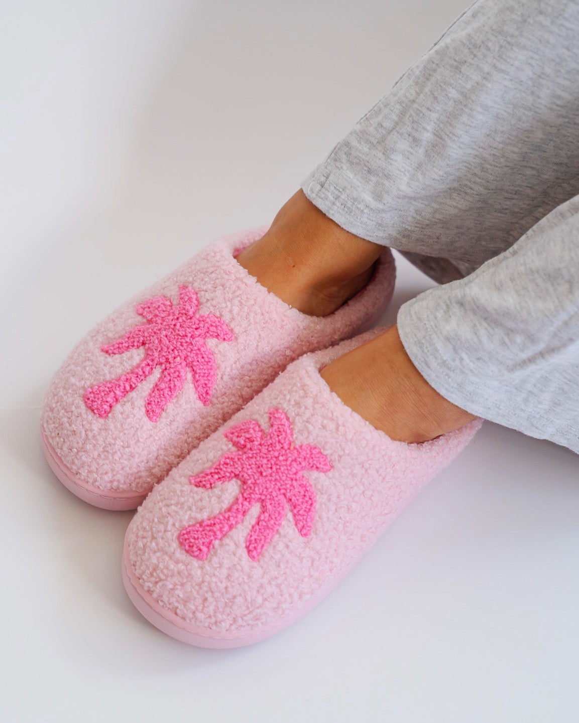 Malibu Slippers, cozy fleece lining, in Blush Bay - coastal preppy aesthetic beach style by Pink Palm Puff