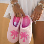 Malibu Slippers, cozy fleece lining, in Blush Bay - coastal preppy aesthetic beach style by Pink Palm Puff
