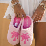 Malibu Slippers, cozy fleece lining, in Blush Bay - coastal preppy aesthetic beach style by Pink Palm Puff