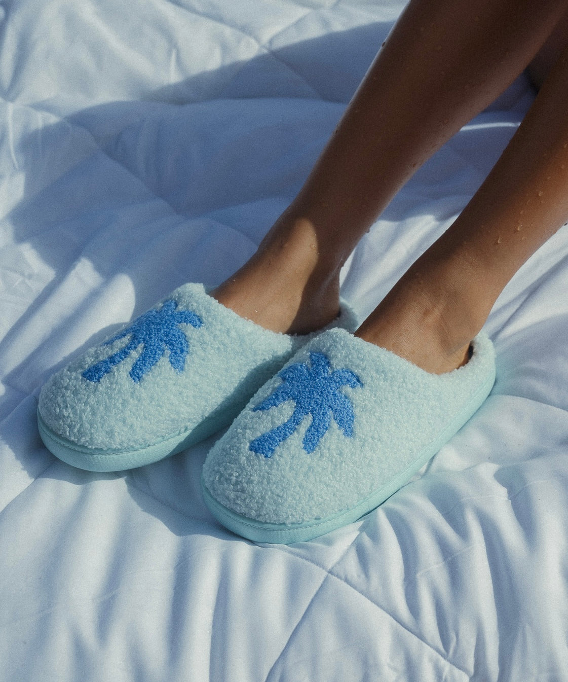 Malibu Slippers, cozy fleece lining, in Seabreeze - coastal preppy aesthetic beach style by Pink Palm Puff